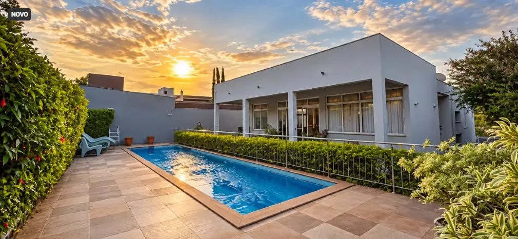 Casa térrea com piscina, jardim e céu ao entardecer